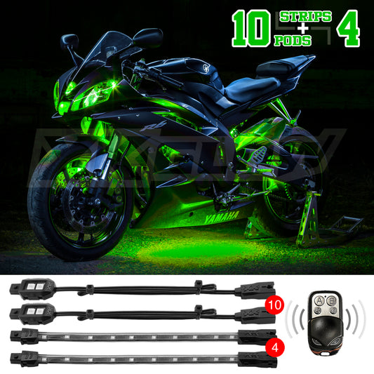 XK Glow Strips Single Color XKGLOW LED Accent Light Motorcycle Kit Green - 10xPod + 4x8In -  Shop now at Performance Car Parts